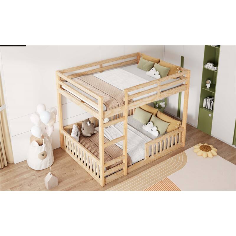 Roomfitters Full Over Full Wood Bunk Bed with Ladder and Guardrails, Solid Pine