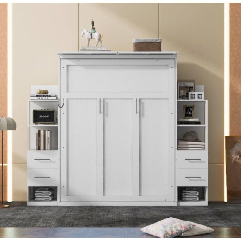 Roomfitters Wall Murphy Bed with Shelves Drawers and LED Lights MDF, White - Queen