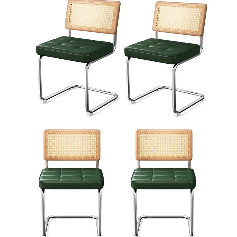 Mid-Century Modern Chairs Set - Faux Leather & Rattan - Green - Set of 4