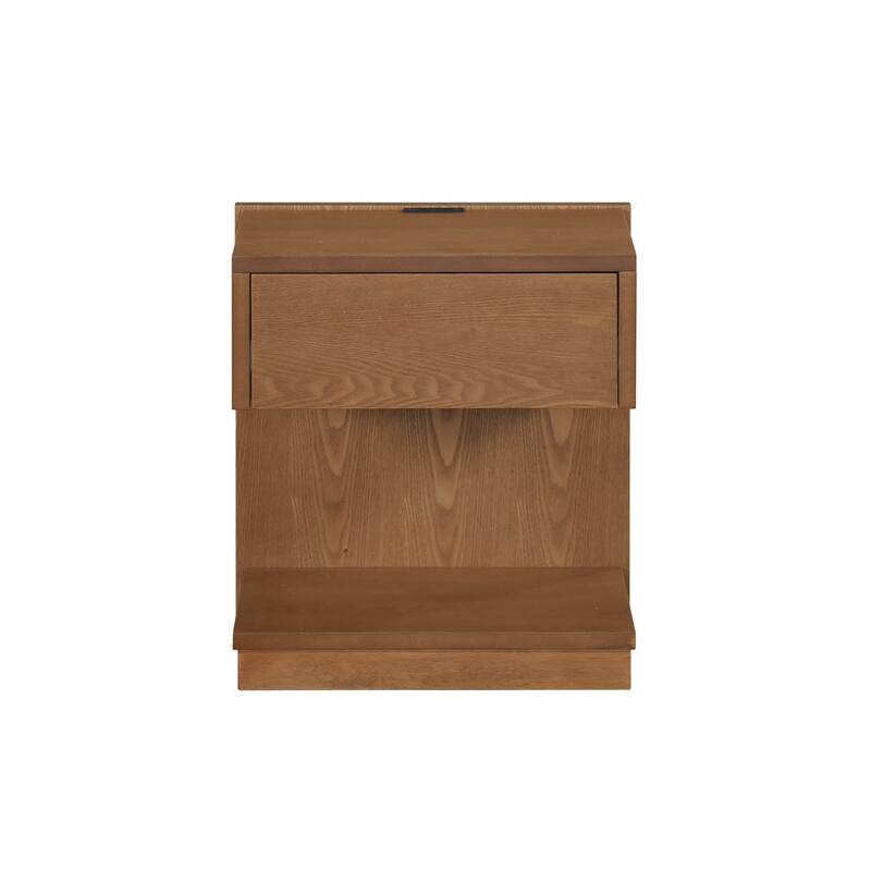 C Shaped End Table, 1 Drawer USB Port, 18 Inch, Wire Brush Brown Wood
