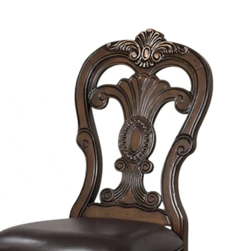 Leova Side Dining Chair Set of 2, Carved Corbels, Gold Tip Crown, Brown Wood