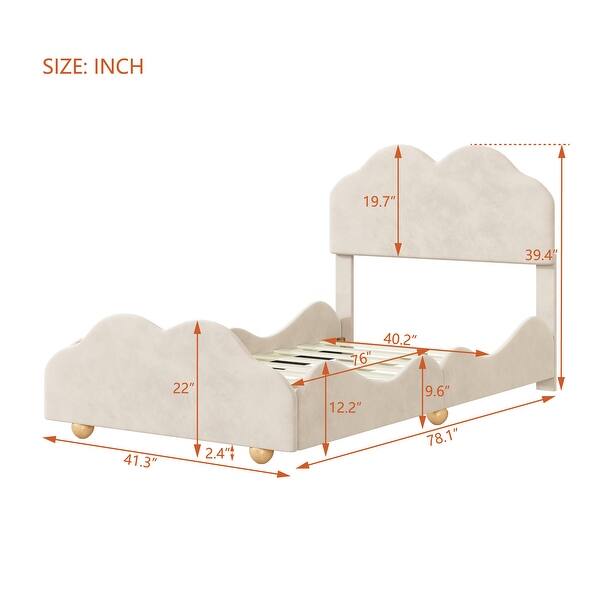 Beige Twin SizeVelvet Upholstered Platform Bed with Cloud-Shaped Headboard - /