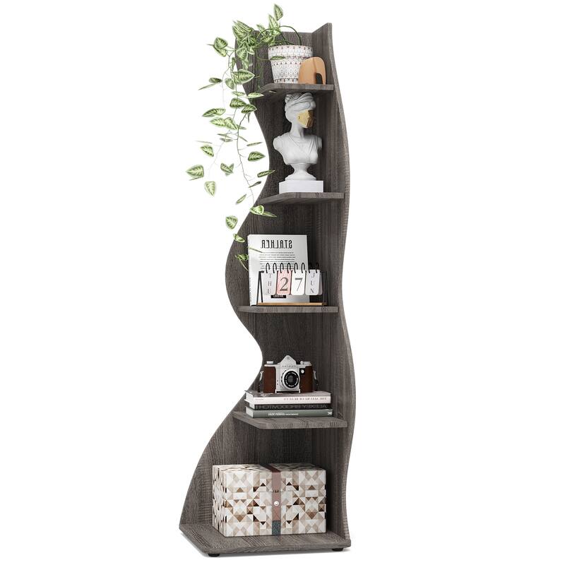 Modern Wood Corner Shelf, 5-Tier Bookshelf Bookcase for Living Room