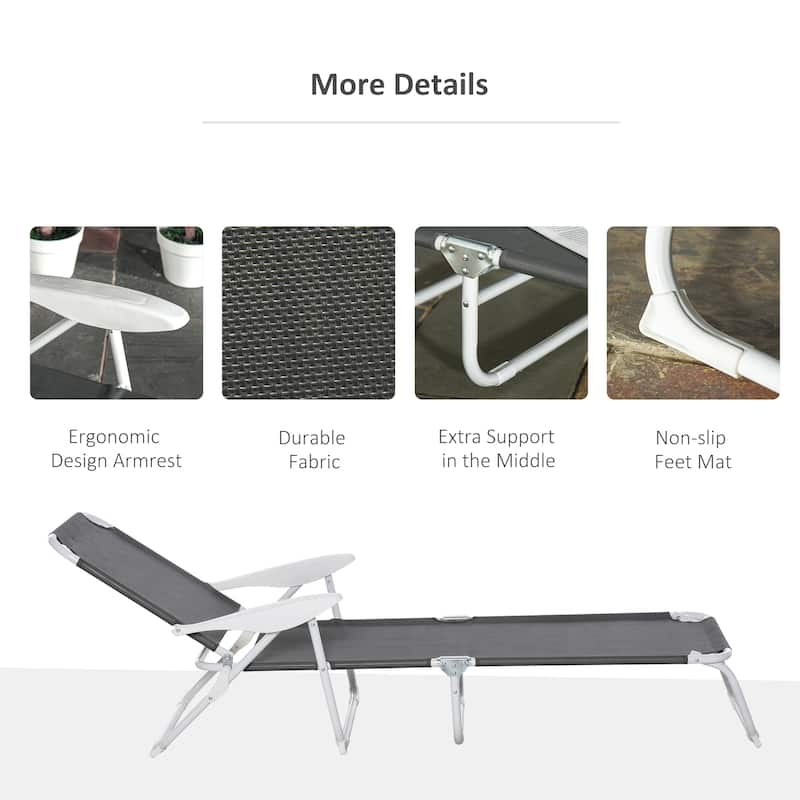 Outdoor Folding Chaise Lounge, 4-Position Reclining Back, Armrests, Metal Frame and Mesh Fabric for Beach, Yard, Patio
