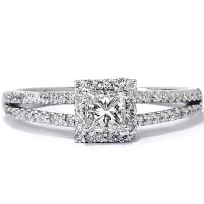 5/8ct Princess Cut Halo Split Shank Engagement Ring White Gold
