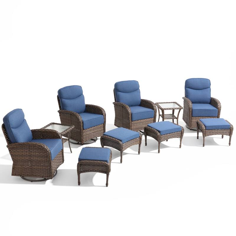 Meyreso 10-Piece Wicker Patio Swivel Glider Set with 6-Inch Thick Cushions and Ottomans