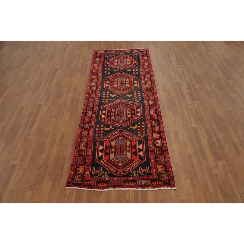 Hand Knotted Oriental 100% Wool Carpet Traditional Tribal Black Ardebil Runner Rug - 9' 7'' X 3' 5''