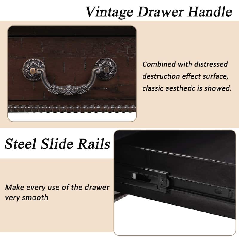 Vintage Cocktail Table Rectangular Wooden Coffee Table with Storage Drawer, Gourd-Shaped Legs and Zinc Alloy Handle