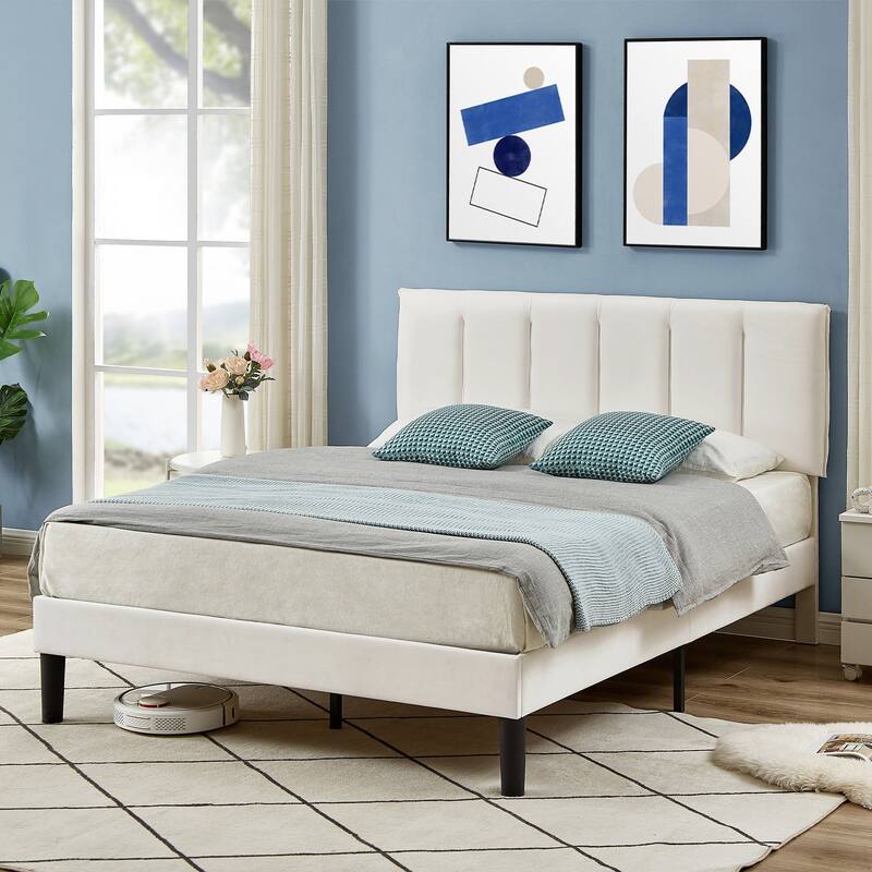 Upholstered Velvet Upholstered Bed Frame with Adjustable Height Headboard No Box Spring Needed Platform Bed Under Bed Storage