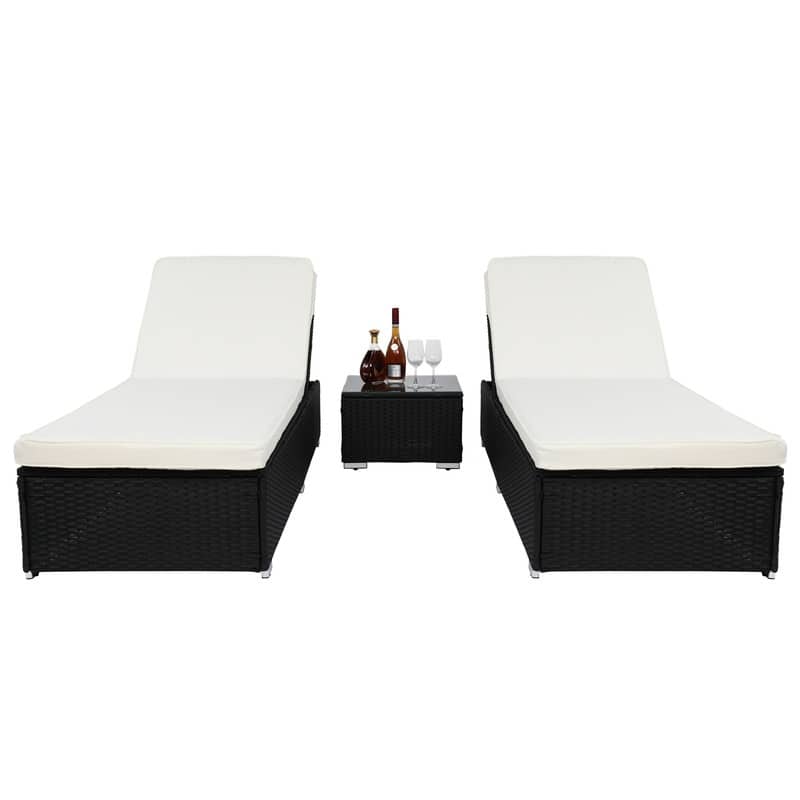 Outdoor 3PCS Wicker Chaise Lounge Set,Beige Cushions and Black Wicker - Beige Cushions