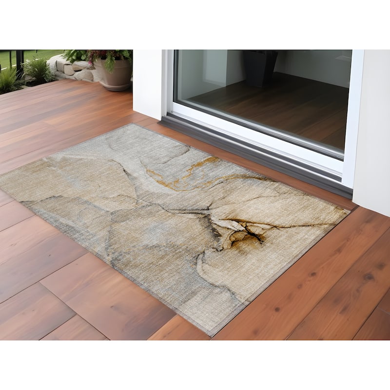 Elfi Contemporary Abstract Weather Resistant Classic Meets Modern Outdoor Rug - 3' x 5' - Beige