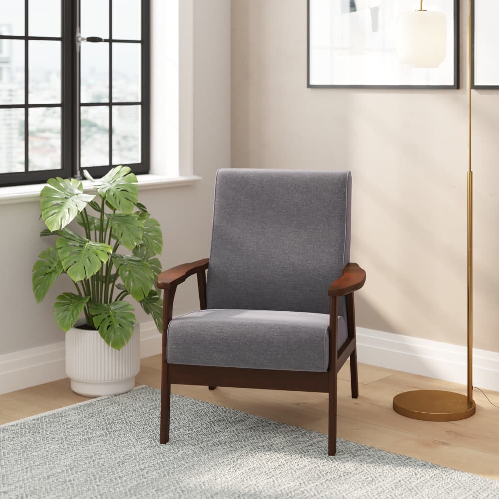 Mid-Century Modern Armchair with Wooden Frame and Faux Leather Cushions