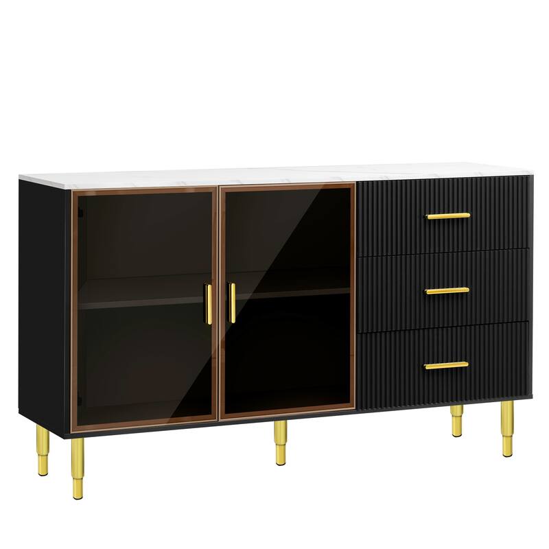 Luxury Storage Cabinet with Marble Finish, Gold Legs & Tempered Glass Doors for Modern Living Spaces