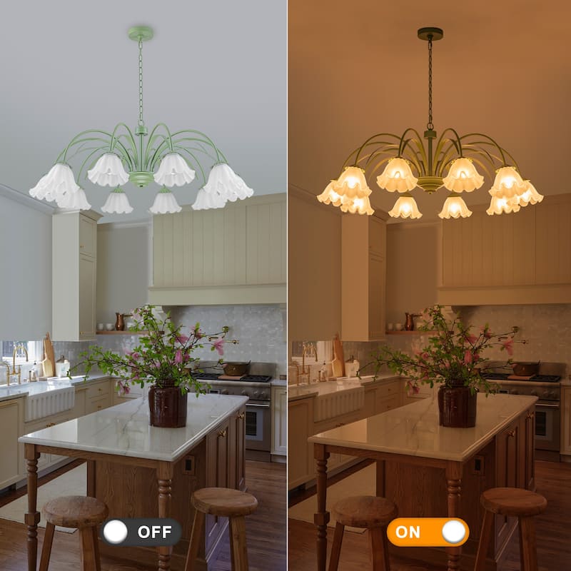 Botanical Green Chandelier with Floral Frosted Glass Shades