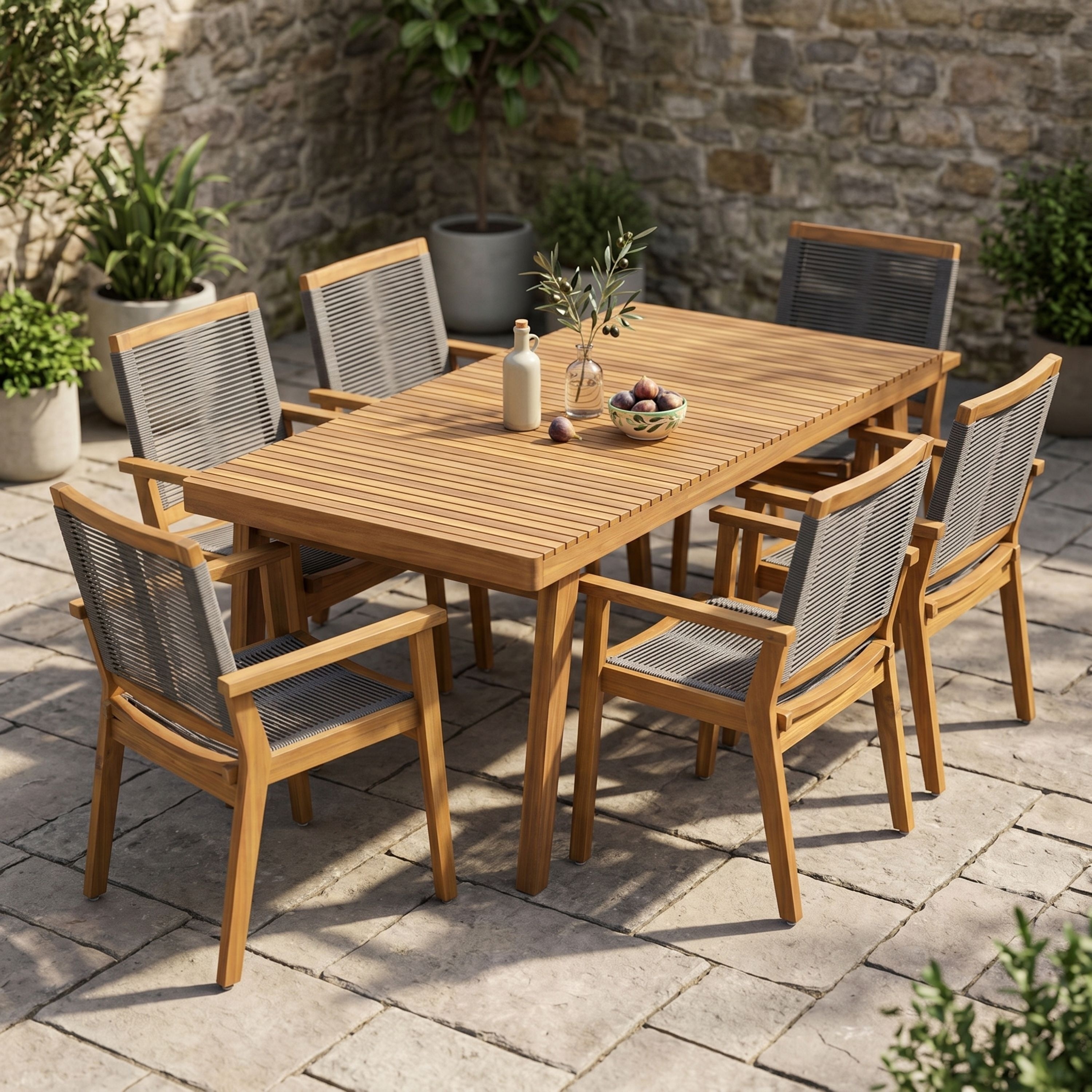 Christopher Knight Home - 7 Piece Outdoor Acacia Wood and Rope Dining Set with Arm Chairs