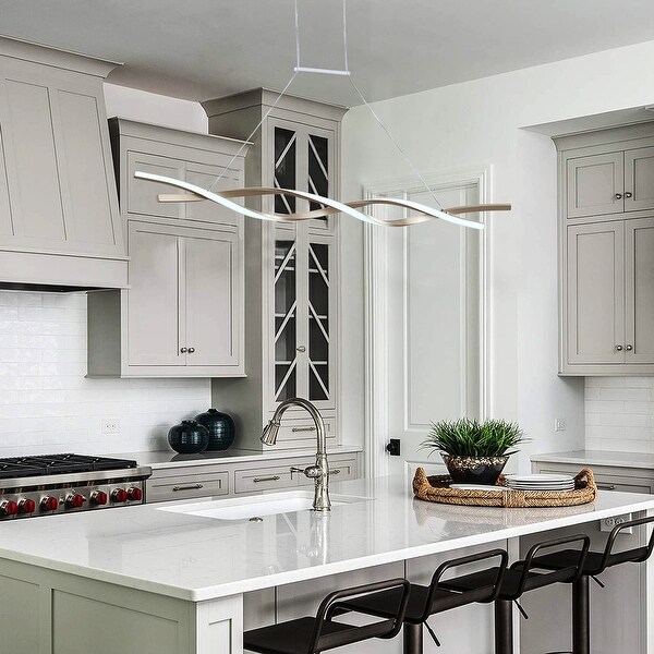 Modern 2 Light Wavy Linear LED Pendant Lamp for Kitchen Island Gold
