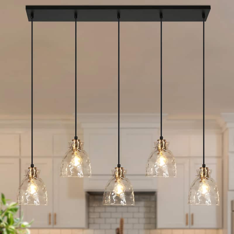 Elisie Modern Linear 40-inch Chandelier Cluster Water Glass Pendant Light Hammered Kitchen Island Bar - 40"W x 5.5"D x 12"-68"H - 40"W x 5.5"D x 12"-68"H - Black & Gold