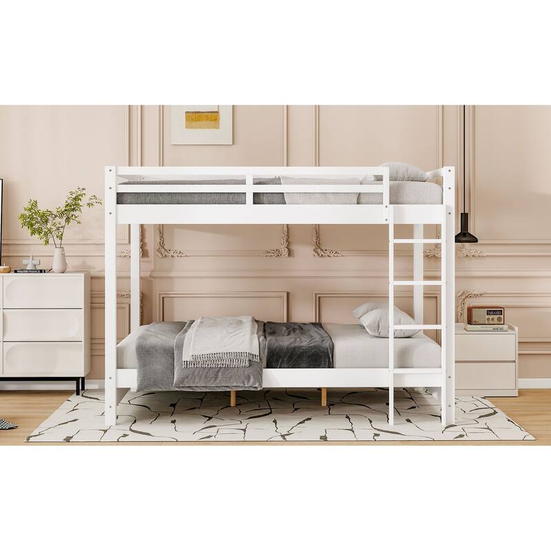 Queen Size White Wood Bunk Bed with Ladder, Space-Saving Design