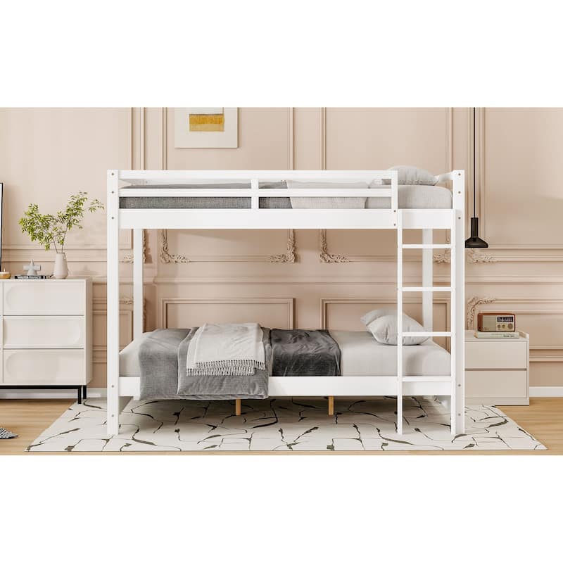 Wood Queen Size Bunk Bed with Ladder and Guardrails, No Box Spring Required
