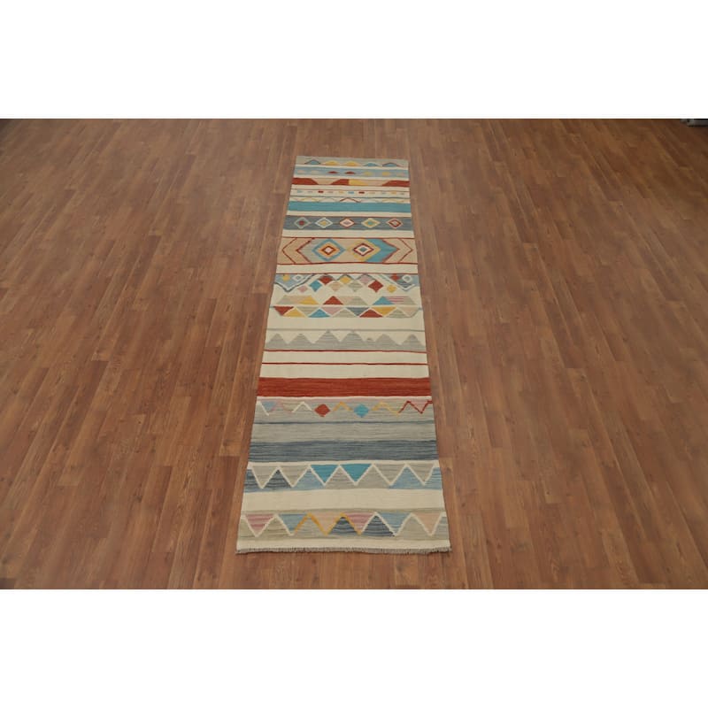 Hand Woven Oriental 100% Wool Carpet Southwestern Tribal Multi-Colored Kilim Runner Rug - 9' 4'' X 2' 5''