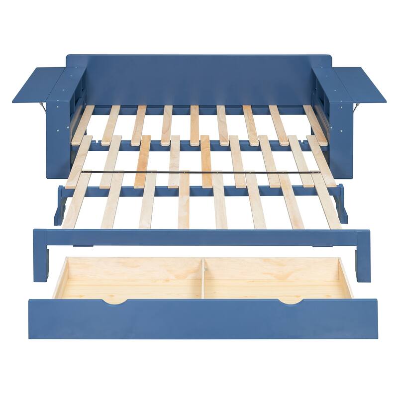 4-in-1 Multifunctional Daybed Storage Bed Frame with Removable Desk, Drawers, Bookcase Shelves and Hydraulic Side Tables