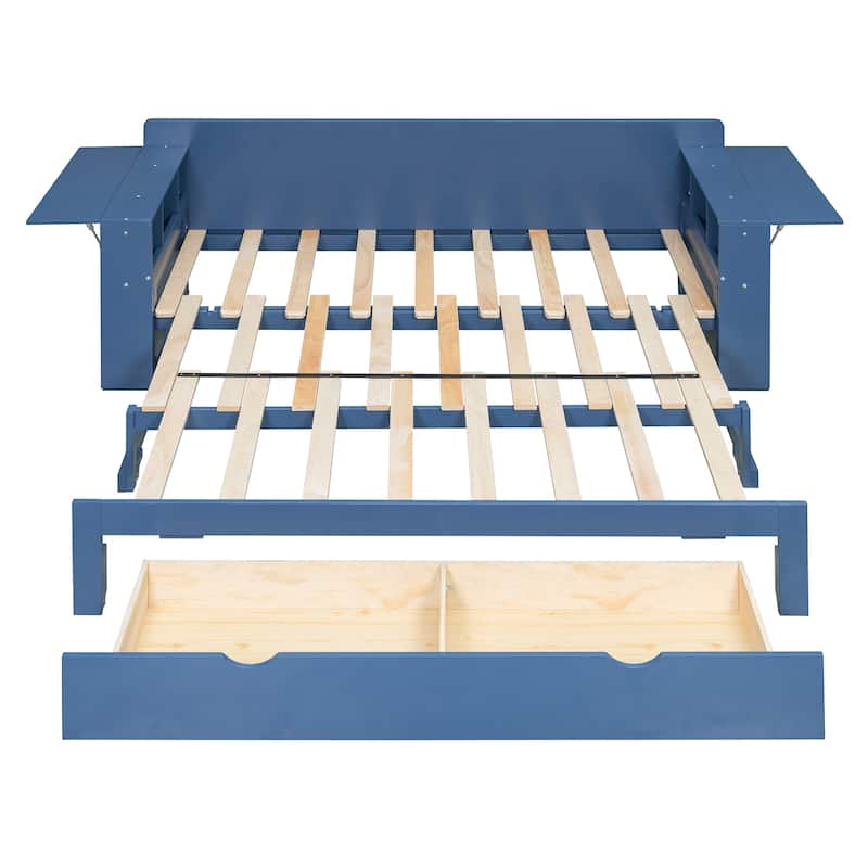 Queen Size 4-in-1 Daybed with Storage Drawers Desk Hydraulic Armrests