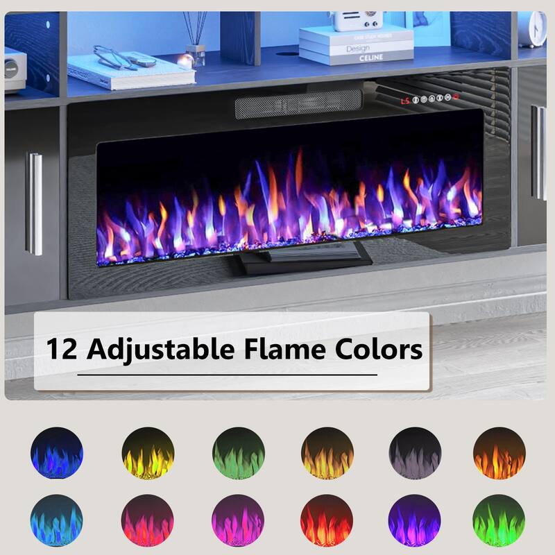 BOSSIN 80" Floating TV Stand with 36" Electric Fireplace, High Gloss Finish Wall Mounted Fireplace TV Stand with Storage