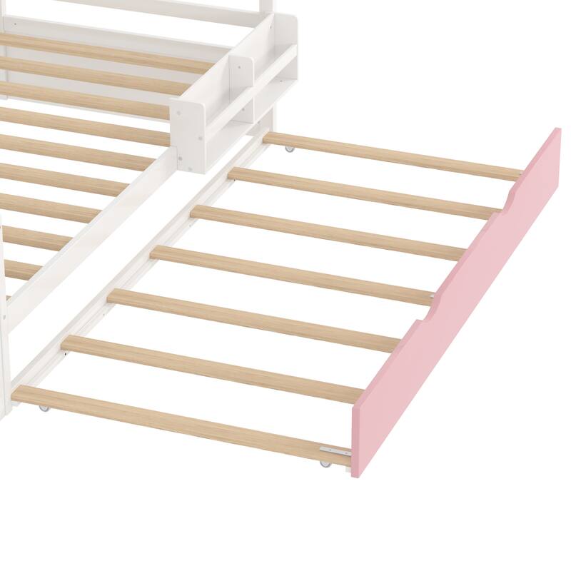 Twin Size Platform Bed with Bookshelf, Movable Wardrobe, Storage Cabinet, Drawer and Pull-out Trundle Bed, Wood Daybed Frame
