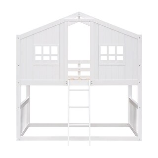 White Wood Twin Bunk Bed wSemi-enclosed House Frame, Windows, Ladder