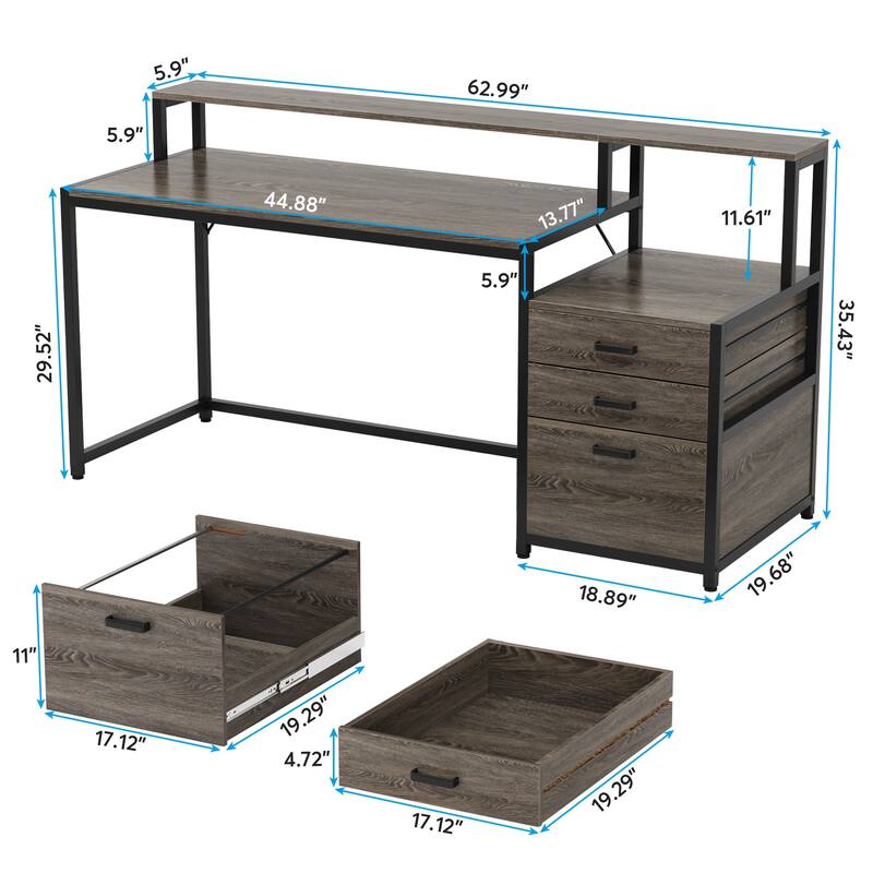 63 Inch Computer Desk with File Drawers, Ergonomic Office Desks with Monitor Stand