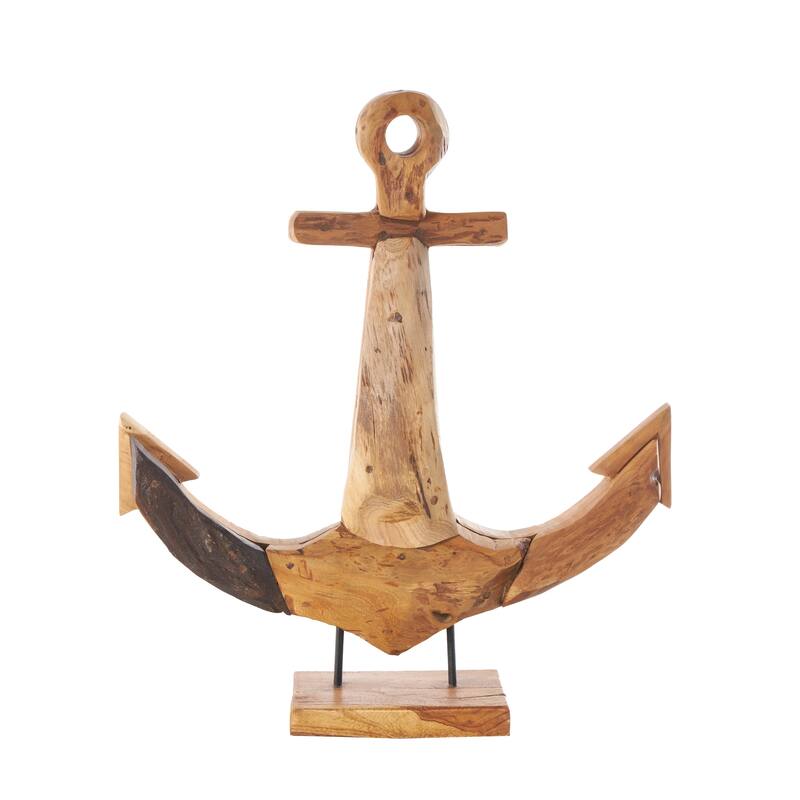 Brown Teak Wood Handmade Anchor Decorative Sculpture with Mosaic Live Edge Pieces
