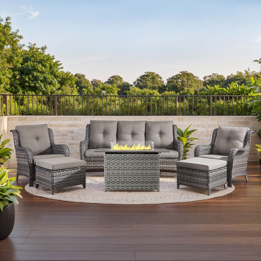 Fire Pit Table with Patio Sofa Chairs Ottomans Grey-Grey - Grey