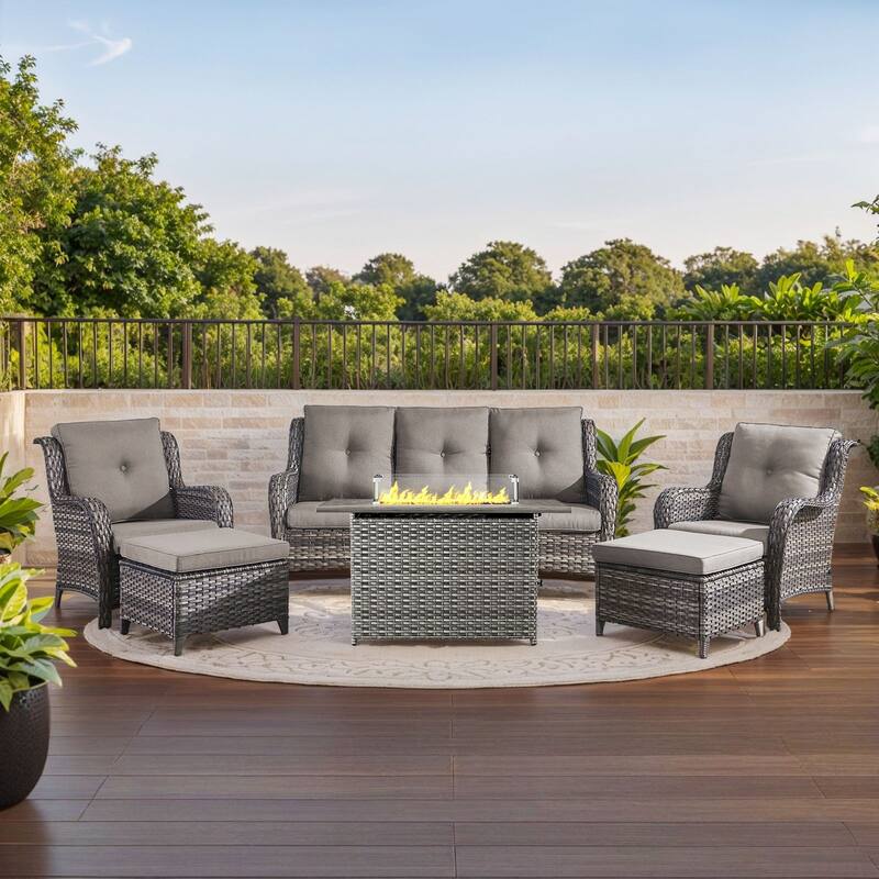 Gymojoy 6-Piece Outdoor Furniture Sofa Set with 2 Patio Chairs, 2 Ottomans & 55K BTU Fire Pit Table - Grey Wicker / Grey Cusion - 6-Piece