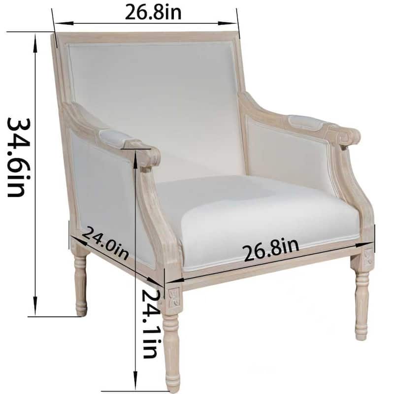 French Accent Chair Traditional Wood Frame Linen Upholstery Distressed Finish Home Decor, Singel