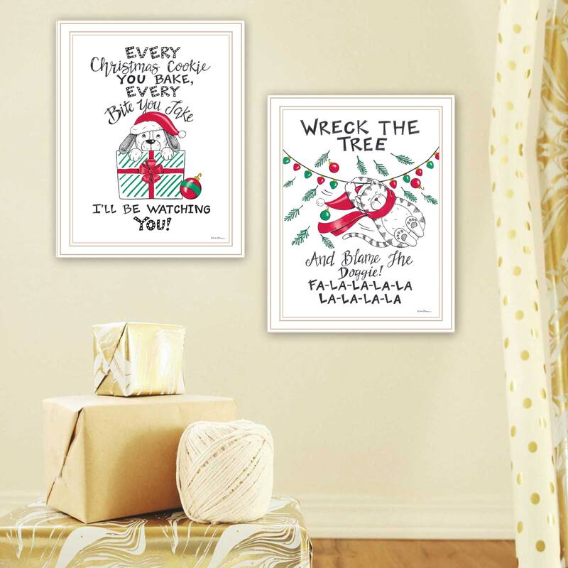 2-Piece Framed Wall Art Set - Cat & Dog Christmas Enjoyment, White Frame