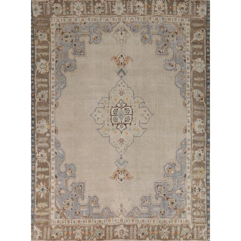 Medallion Tabriz Persian Area Rug Beige Handmade Wool Carpet - 9'1"x 11'0"