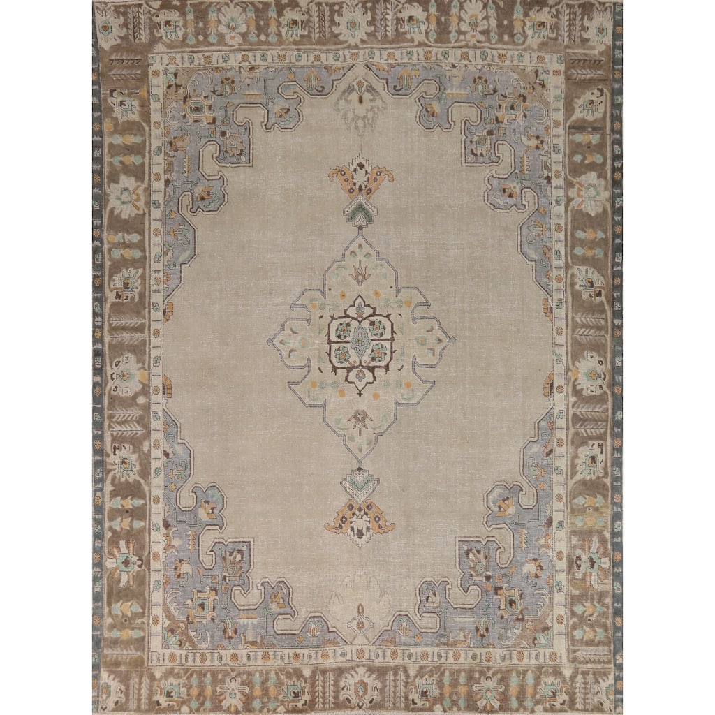 Medallion Tabriz Persian Area Rug Beige Handmade Wool Carpet - 9'1"x 11'0"