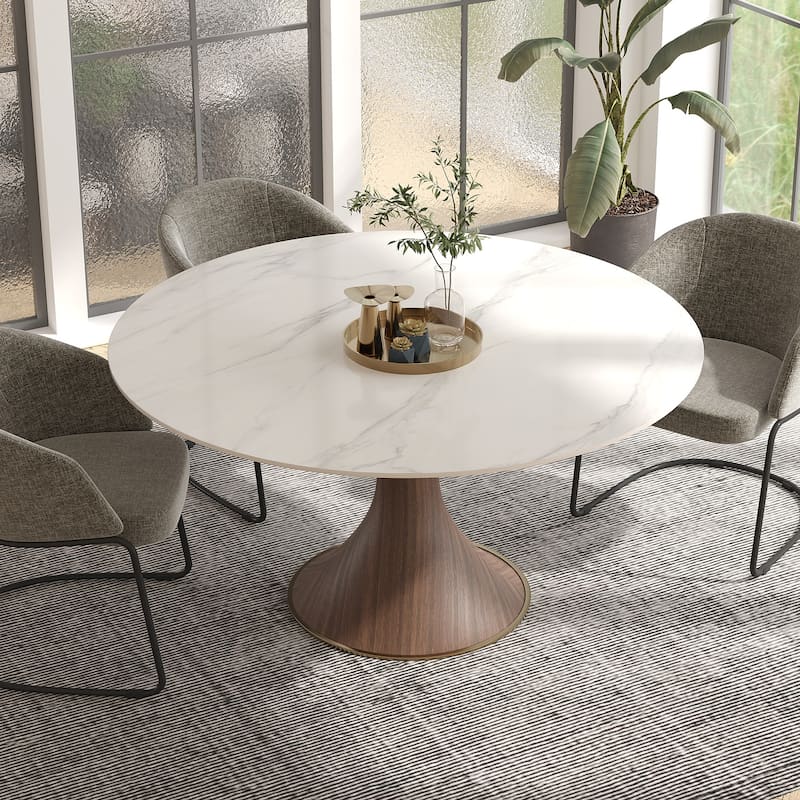 Modern Round Stone Top Black Woodgrain Pedestal Dining Table
