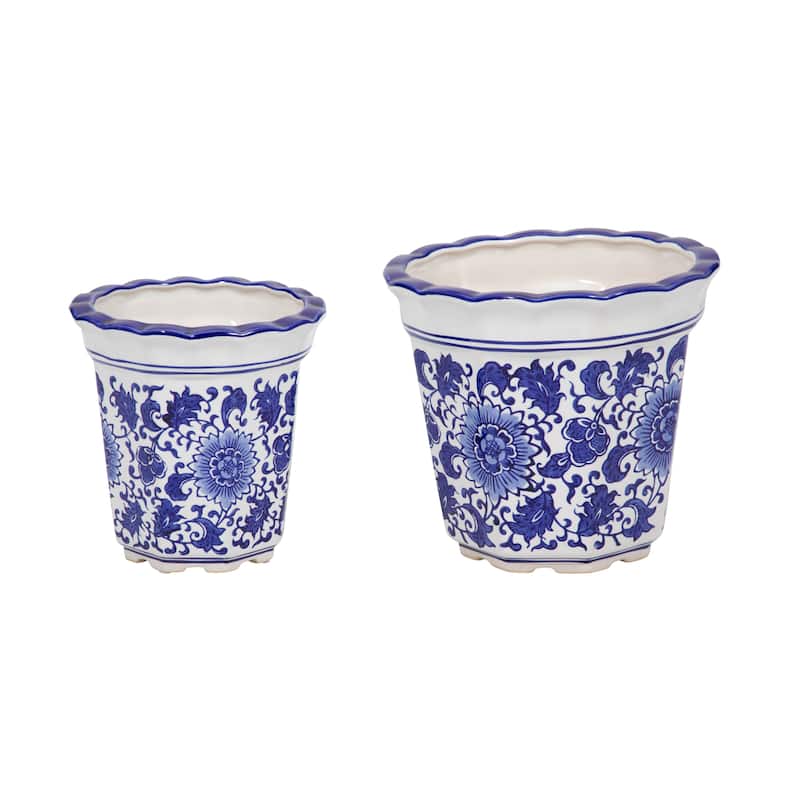 Stoneware Planters Scalloped Edge and Floral Relief Detail (Set of 2)