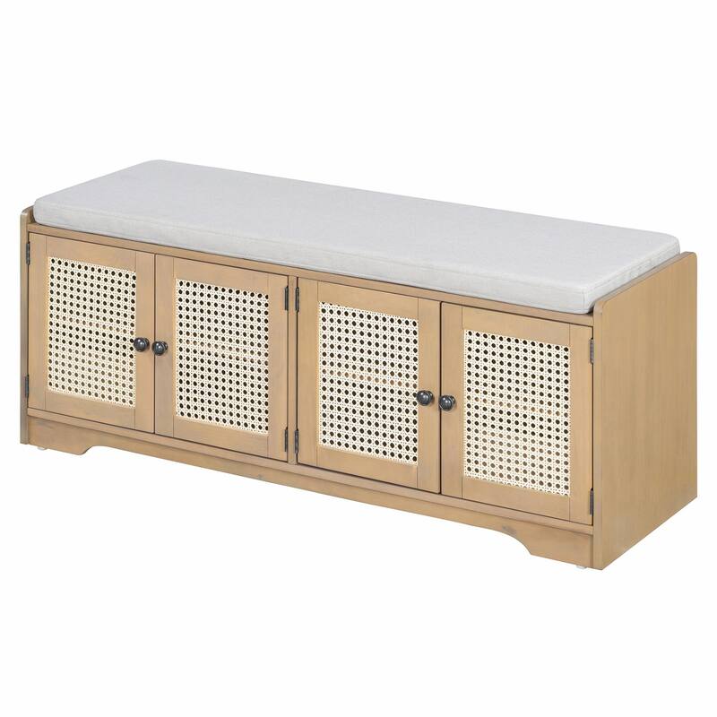 Rustic Storage Bench with Removable Cushion, Woven Rattan Doors & Adjustable Shelves