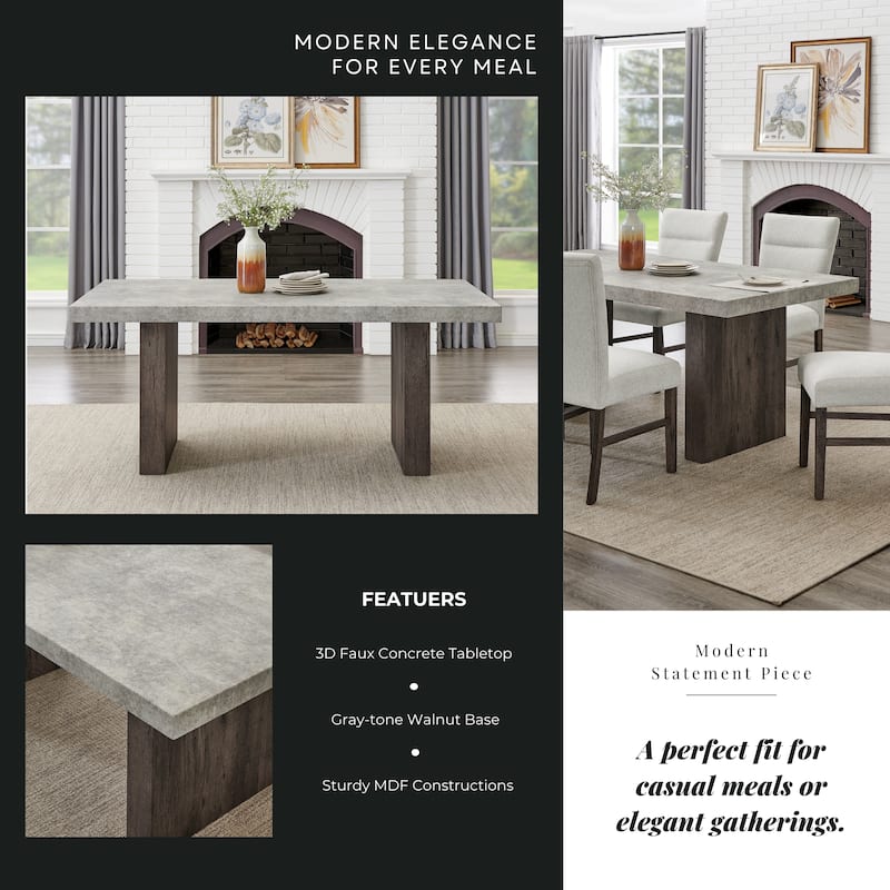 Roundhill Furniture Sorlen 6-Piece Dining Set, 3D Faux Concrete Table with 4 Chocolate Fabric Chairs and a Bench