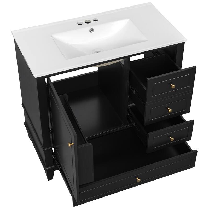 Roomfitters 36" Bathroom Vanity with Ceramic Sink, Solid Wood Frame, 3 Drawers & Soft-Close Door with Racks