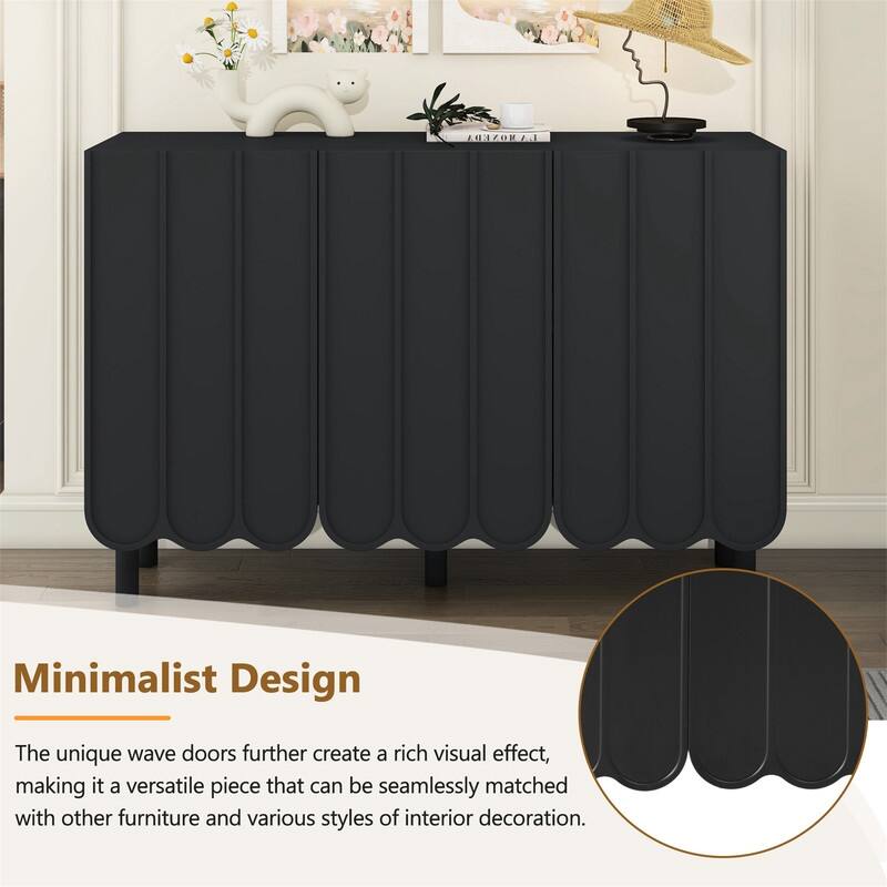 Modern Shoe Cabinet with Adjustable Shelves, Accent Storage Cabinet with Wave Doors, Sideboard Buffet Cabinet with Wood Legs