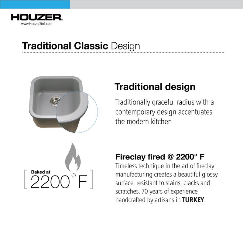 Houzer Platus 19" Gray Fireclay Undermount Square Single Bowl Bar Sink w/ Basket Strainer, Basin Grid Included