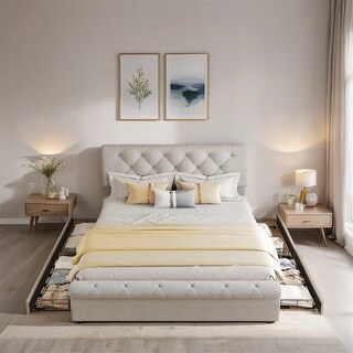 Upholstered Platform bed w/Drawer,Curved Headboard (Without Mattress