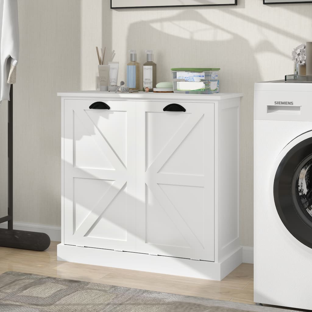 Modern Laundry Sorter Cabinet with Two Compartments and Removable Cloth Bags