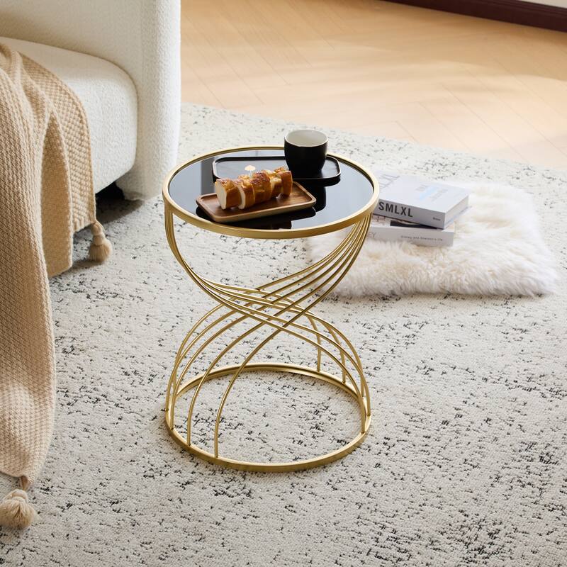 Modern Elegant Golden Hourglass-shaped Accent Table Compact Side Table with Streamlined Metal Frame and Black MIirror Top
