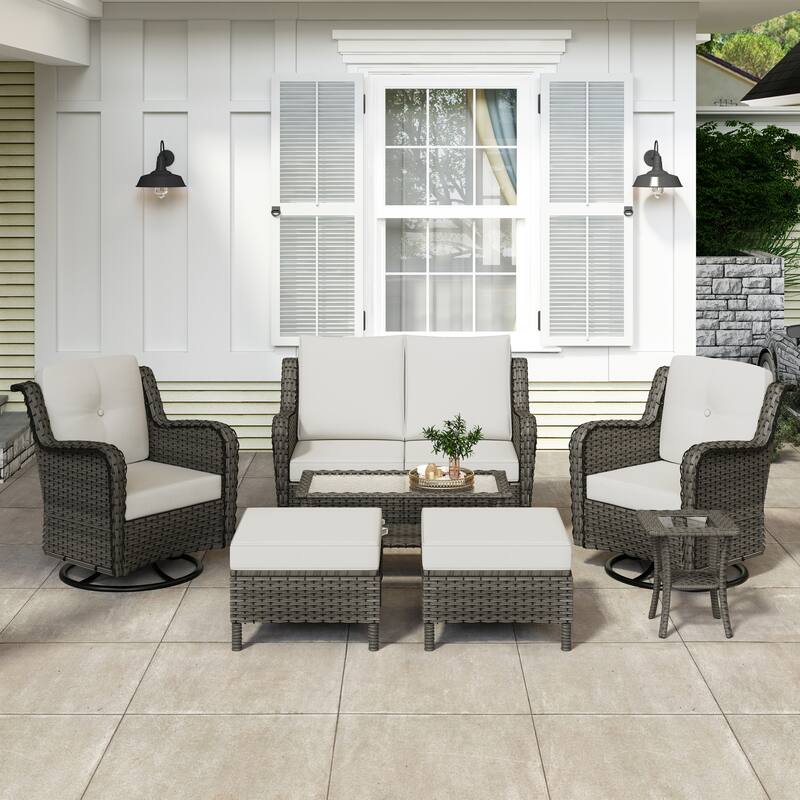 Outdoor 8-Piece Rattan Wicker Patio Furniture Sectional Sofa Set - Grey Frame - Beige/Grey