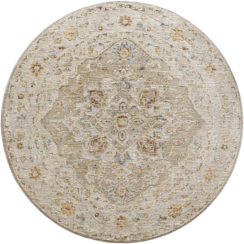 Tereza Updated Traditional Medallion Area Rug - 6'7" x 6'7" Round - Camel
