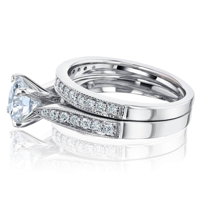 Kobelli 1.3 Carats Moissanite & Natural Diamond 14k Solid Gold Half Eternity Vintage Style Tower Taper Sophie 2pc Bridal Set